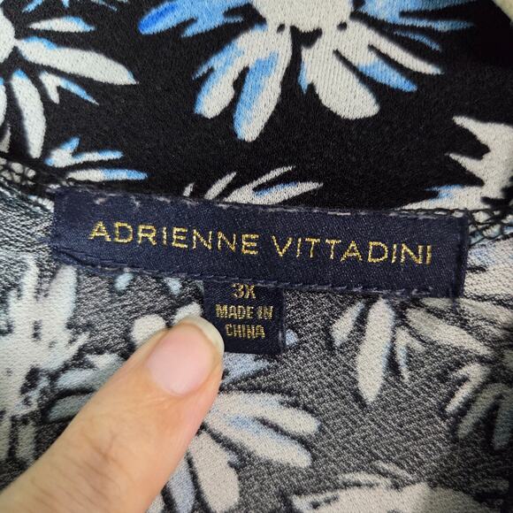 Adrienne Vittadini Womens Blouse Sz 3X Black Allover Blue Floral Print Tie Neck - Picture 3 of 6